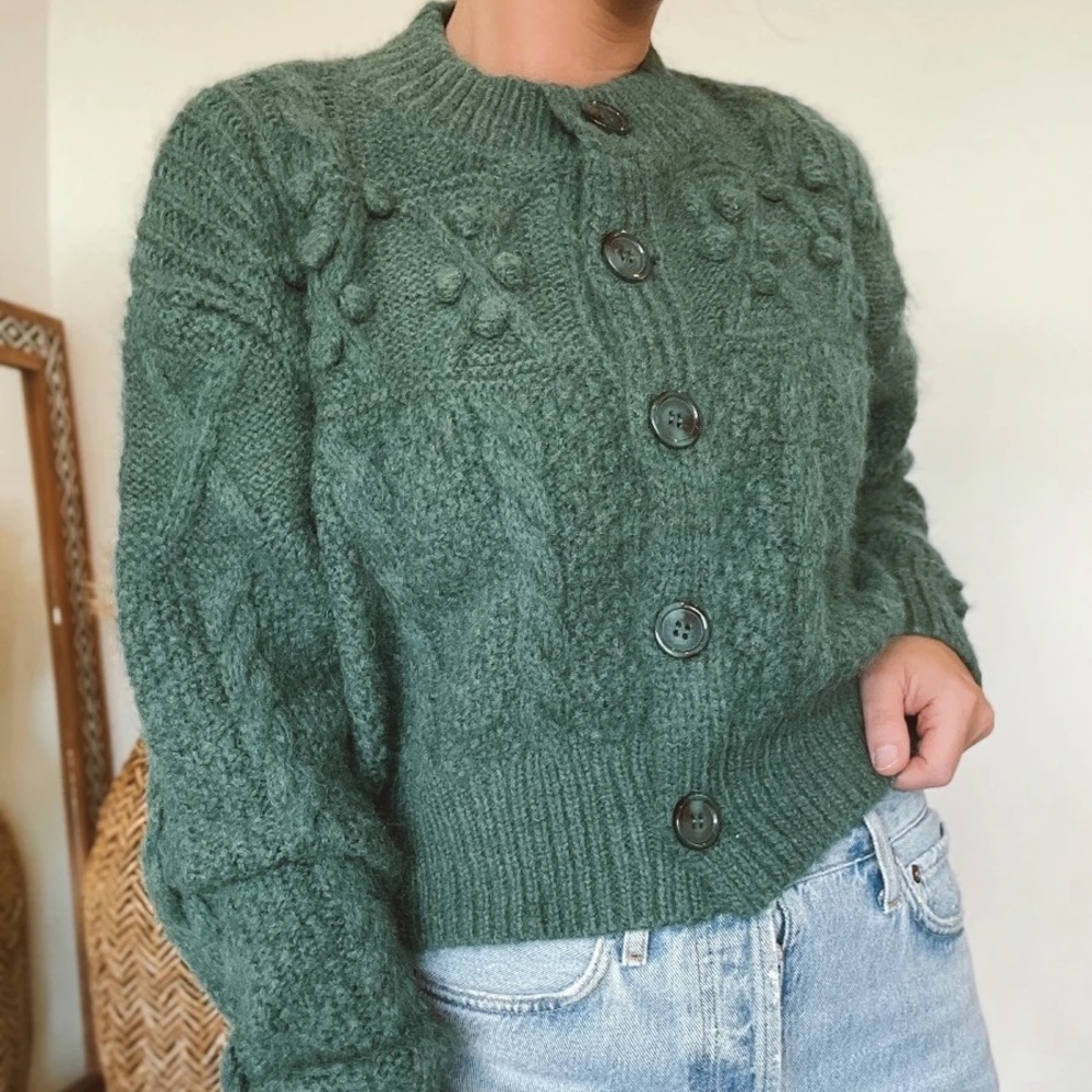 Green Fuzzy Pom Pom Cardigan - New - Picture 1 of 6
